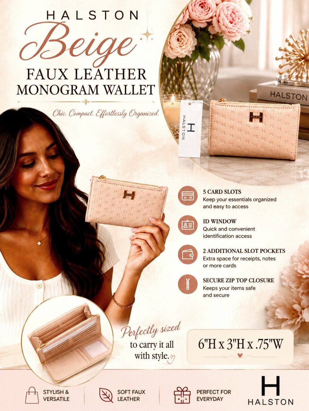 H By Halston Beige Faux Leather Monogram Wallet NWT